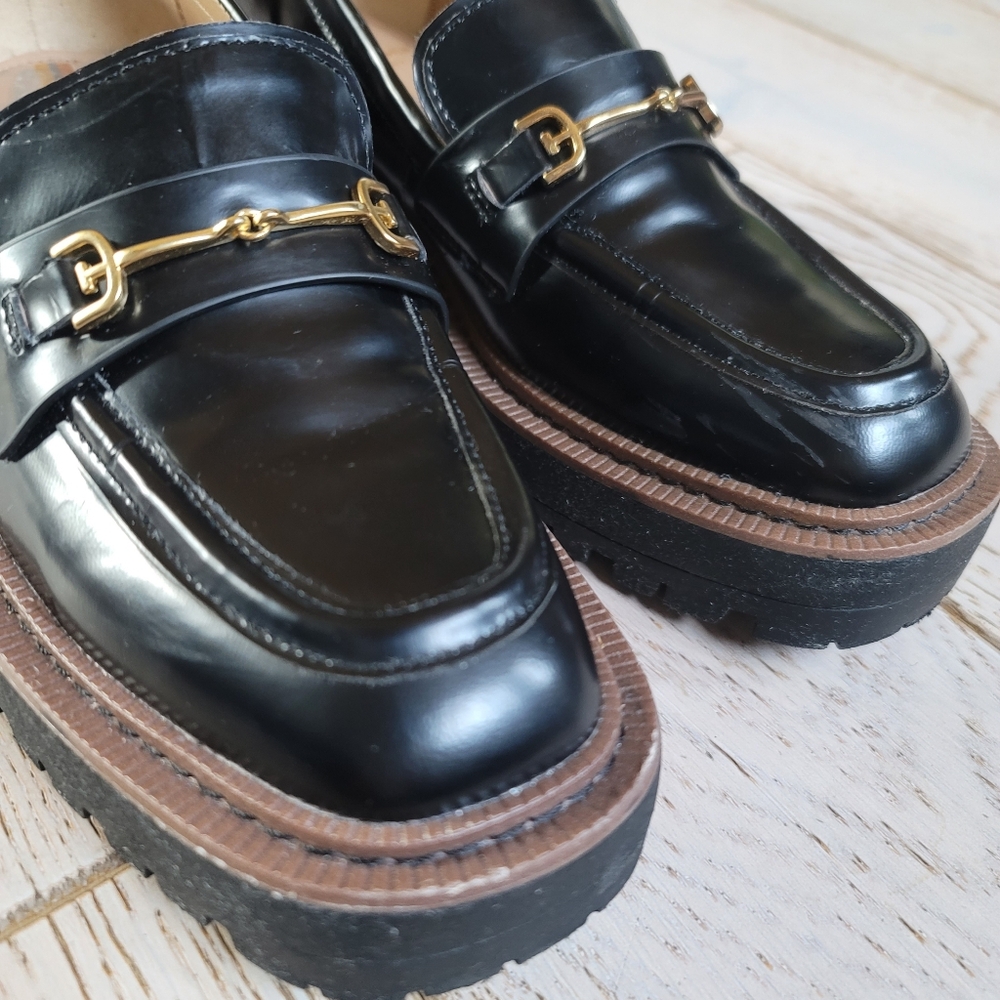 Sam Edelman Laurs Black Patent Platform Lug Sole Loafers 7.5 Gold Buckle - Picture 5 of 14